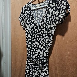 LOFT Black and White Abstract Midi Dress Cyber Sale